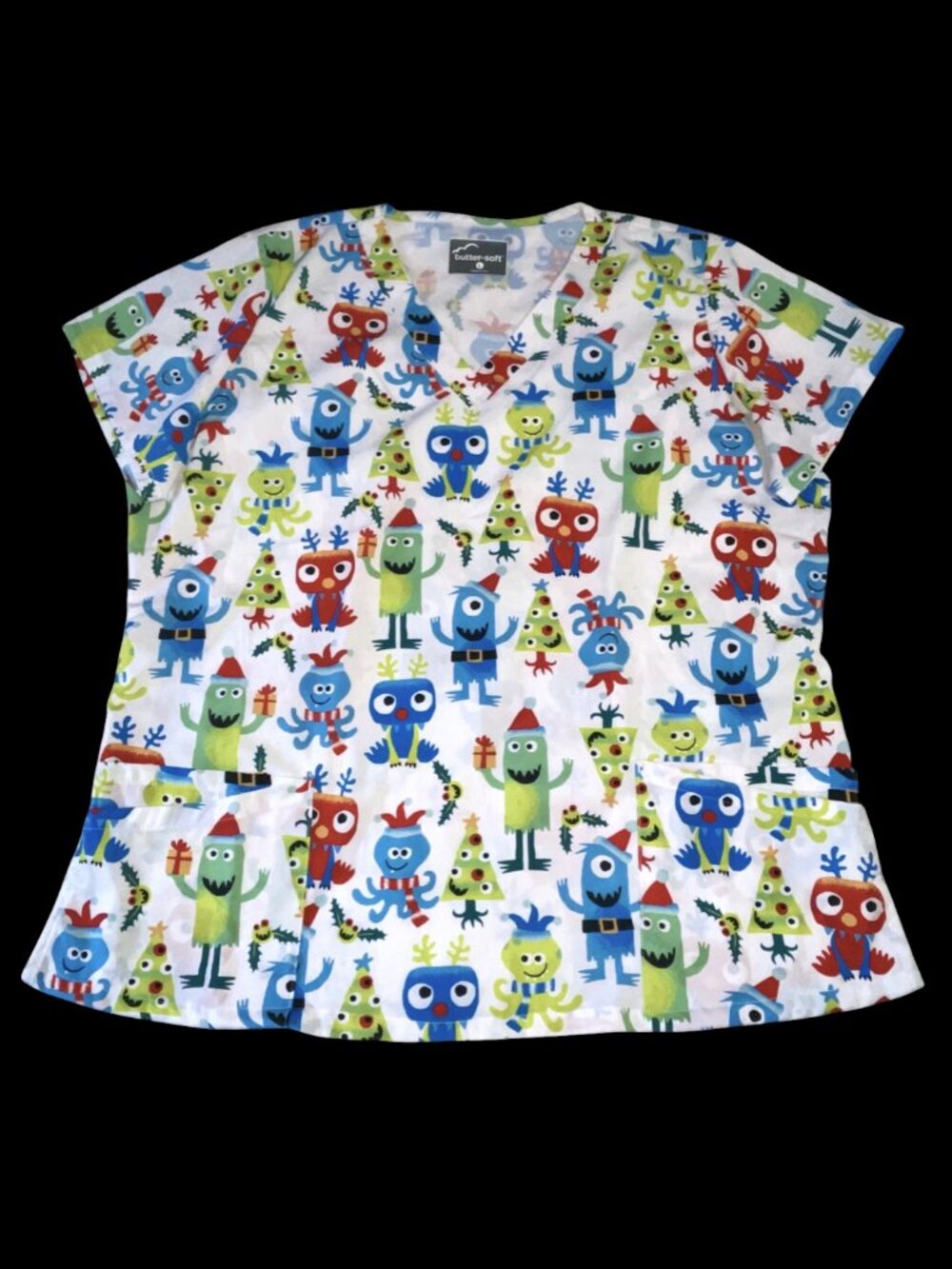 Butter Soft Women's Large Scrub Top Monster Winter Christmas Holiday Fun White